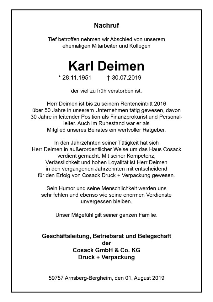 Nachruf Karl Deimen